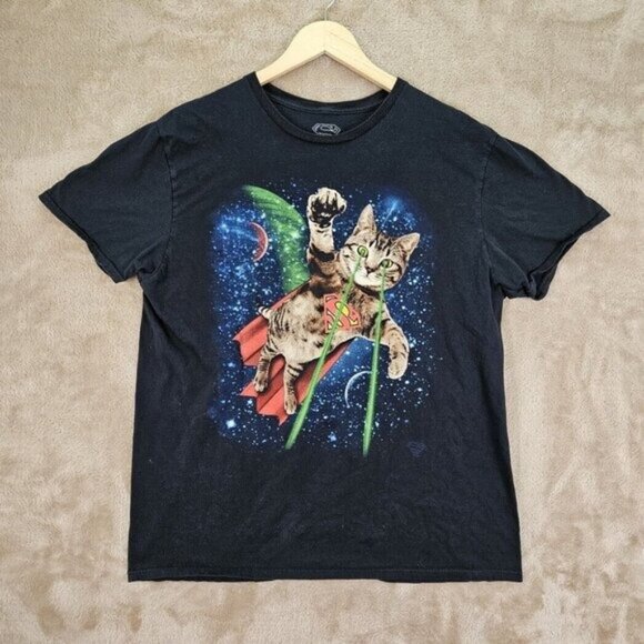 Superman Super Cat Green Laser Beam In Space T-shirt Men's Size XL Black Tee - Picture 1 of 10